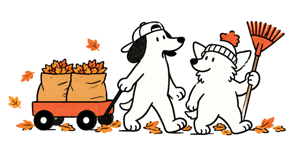 Two dogs pulling a wagon of leaf bags