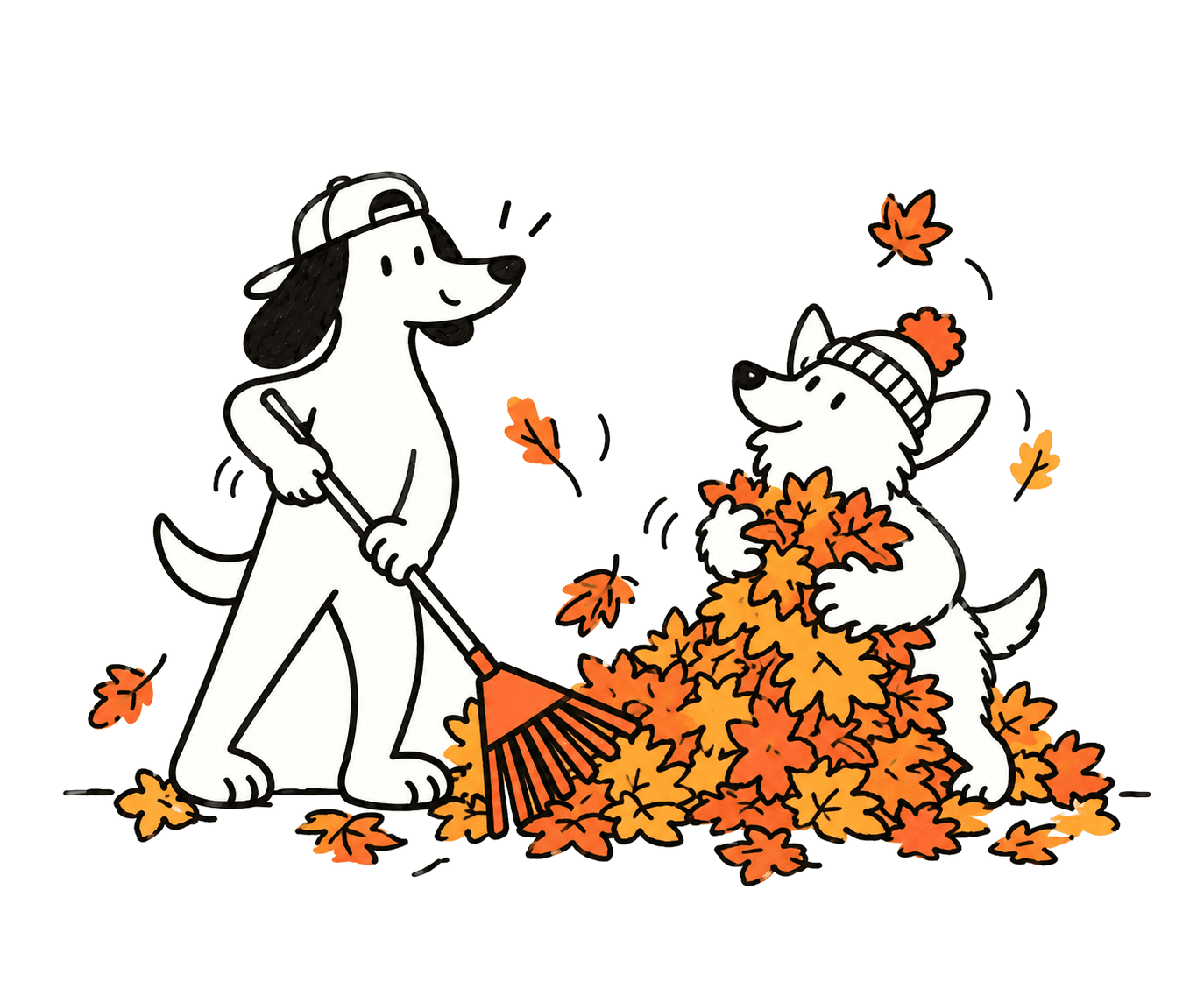 Two dogs raking leaves, one of them buried in the leaf pile